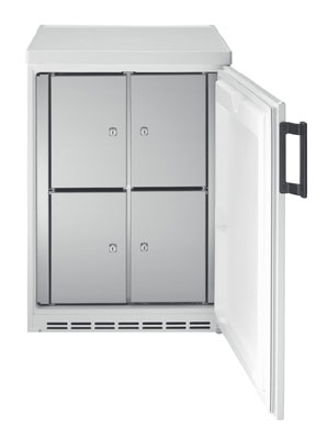 Közösségi hűtőszekrény 4 zárható rekesszel, szé x mé x ma: 602x600x820 mm, 180 literes űrtartalommal.